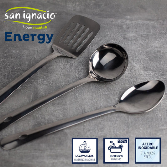 Set 3 Utensilios de Cocina San Ignacio Energy en Acero Inoxidable. Rasera, Espumadera y Cuchara. Aptos para Lavavajillas