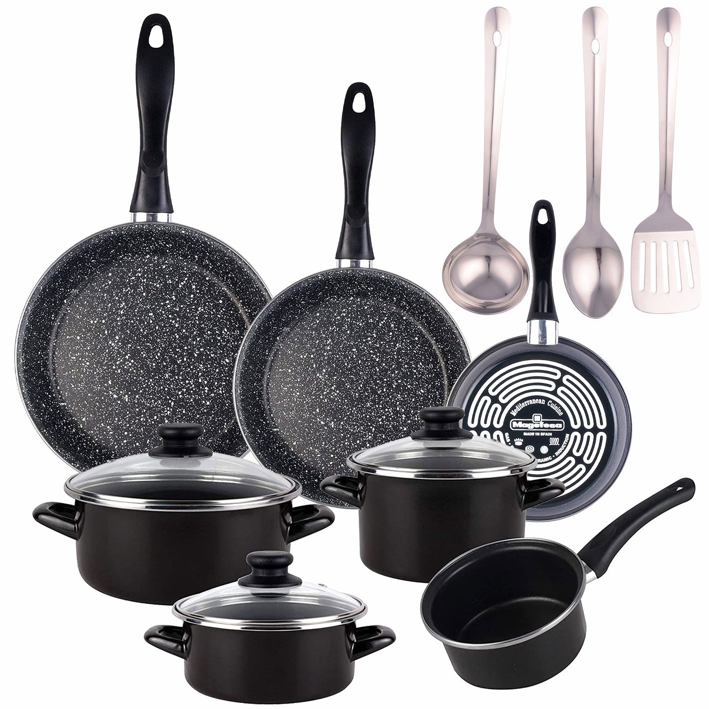 Batería de Cocina 10 Piezas Magefesa: Cacerolas, Olla, Cazo, 3 Sartenes Acero Vitrificado y Utensilios - Colección Kenia