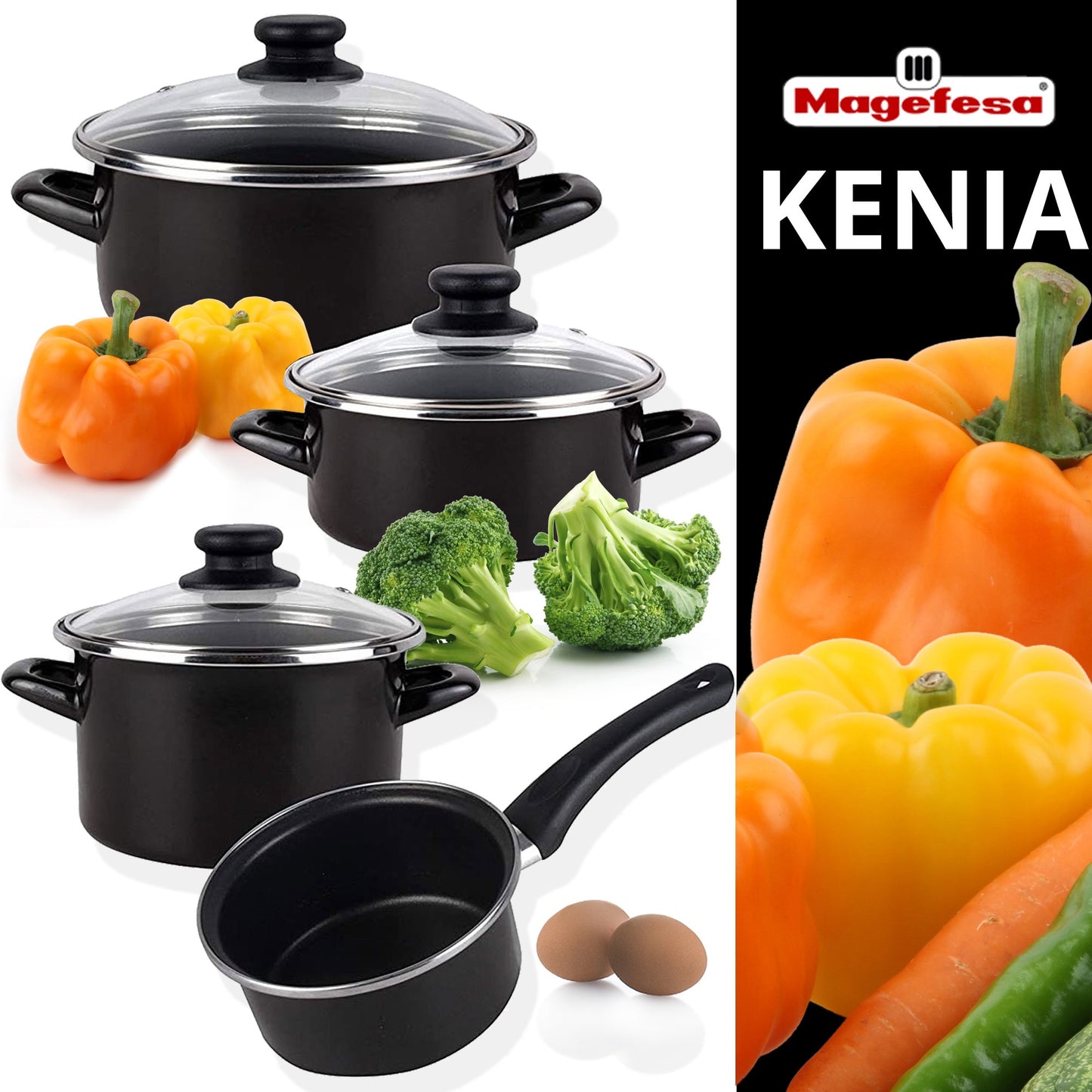 Batería de Cocina 10 Piezas Magefesa: Cacerolas, Olla, Cazo, 3 Sartenes Acero Vitrificado y Utensilios - Colección Kenia