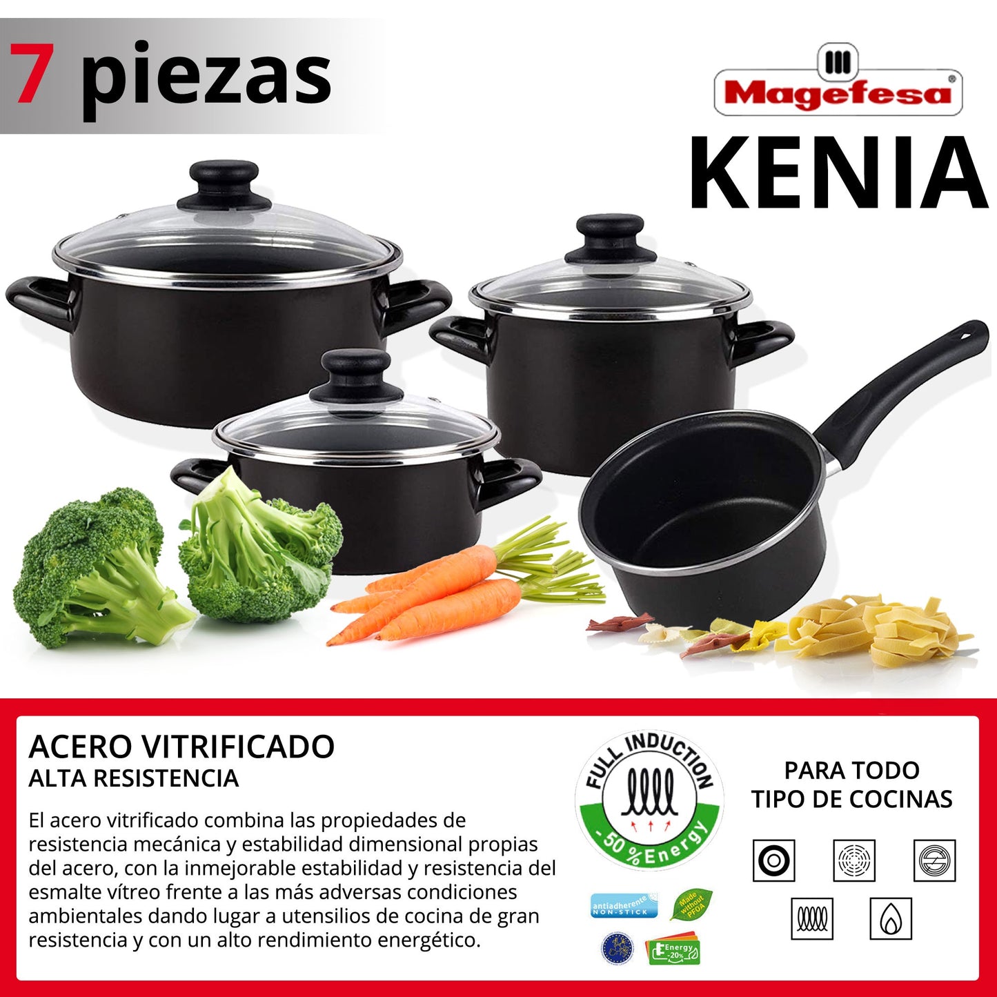 Batería de Cocina 10 Piezas Magefesa: Cacerolas, Olla, Cazo, 3 Sartenes Acero Vitrificado y Utensilios - Colección Kenia