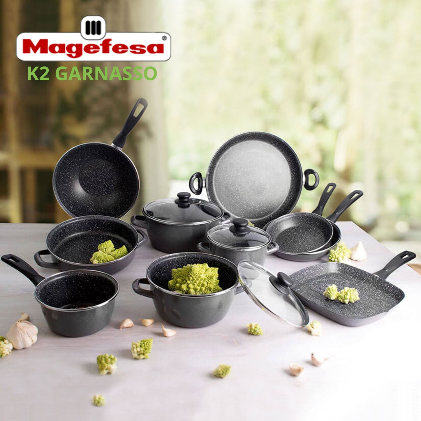 Batería de Cocina 10 Piezas Magefesa: Cacerolas, Olla, Cazo, 3 Sartenes Acero Vitrificado y Utensilios - Colección Kenia