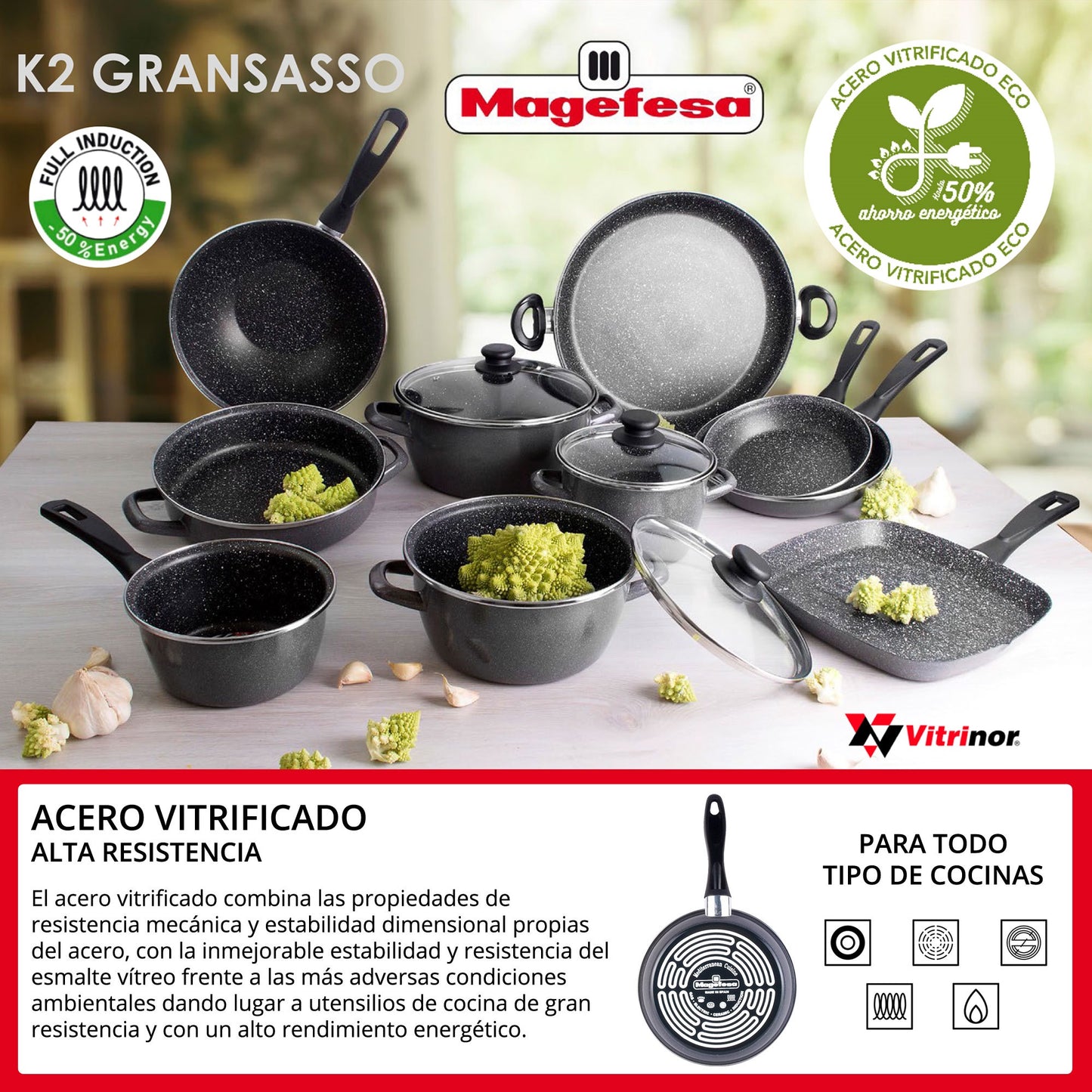 Batería de Cocina 10 Piezas Magefesa: Cacerolas, Olla, Cazo, 3 Sartenes Acero Vitrificado y Utensilios - Colección Kenia