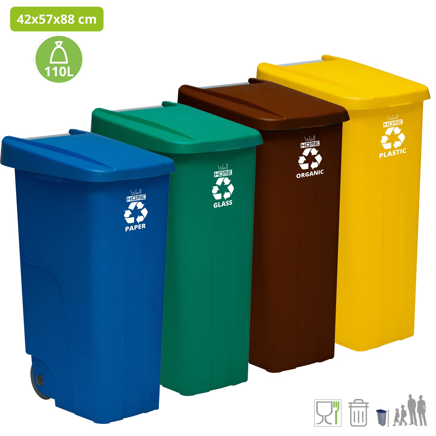 Contenedor - Cubo de Basura WellHome Reciclo 110L con Tapa y Ruedas, Ideal para Reciclaje de Papel y Cartón