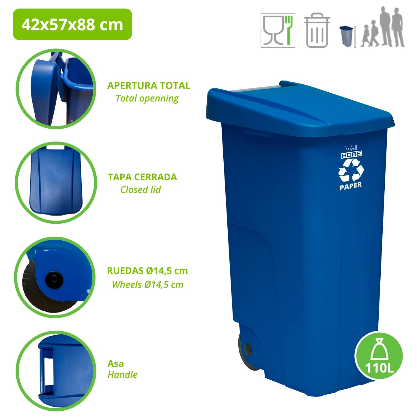 Contenedor - Cubo de Basura WellHome Reciclo 110L con Tapa y Ruedas, Ideal para Reciclaje de Papel y Cartón