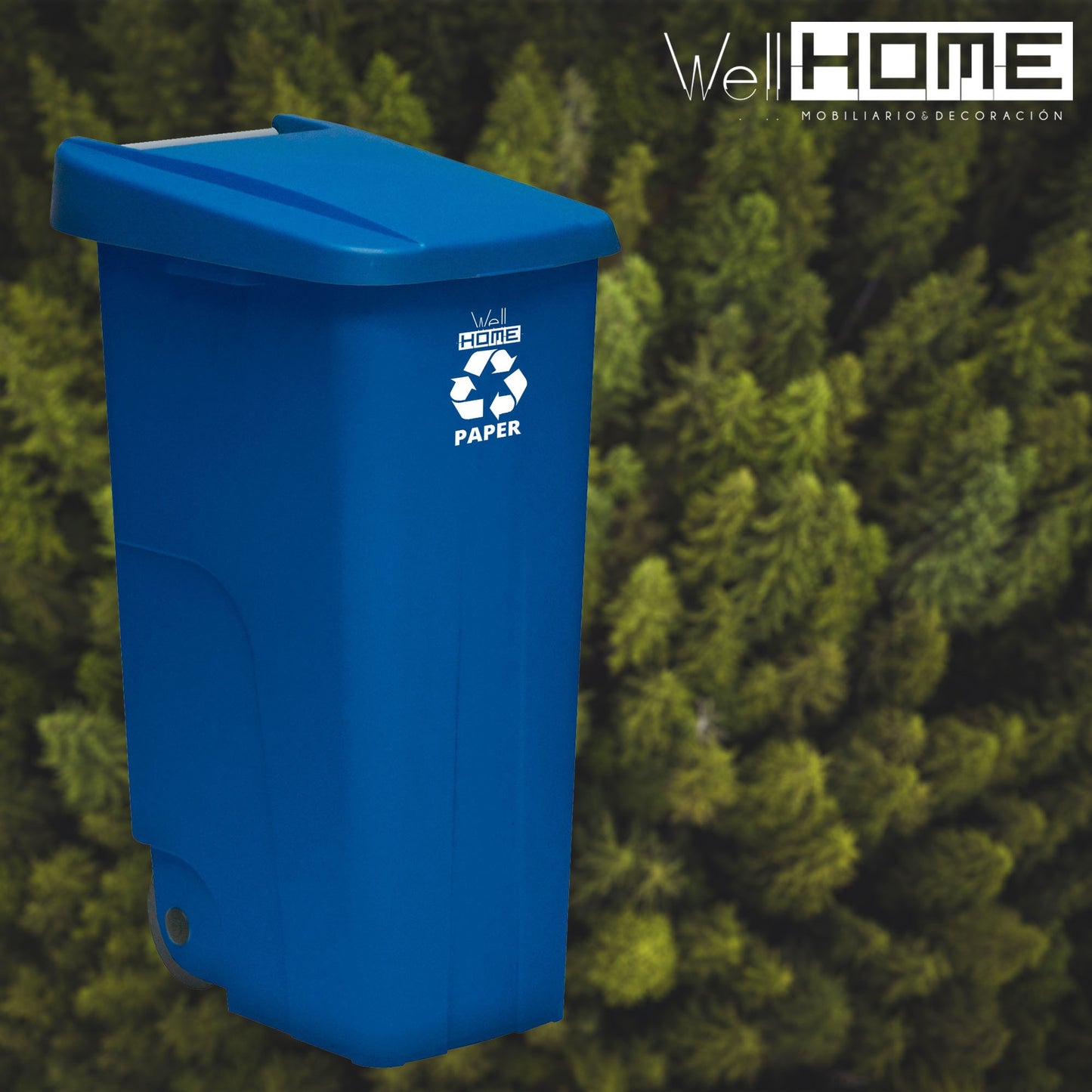 Contenedor - Cubo de Basura WellHome Reciclo 110L con Tapa y Ruedas, Ideal para Reciclaje de Papel y Cartón