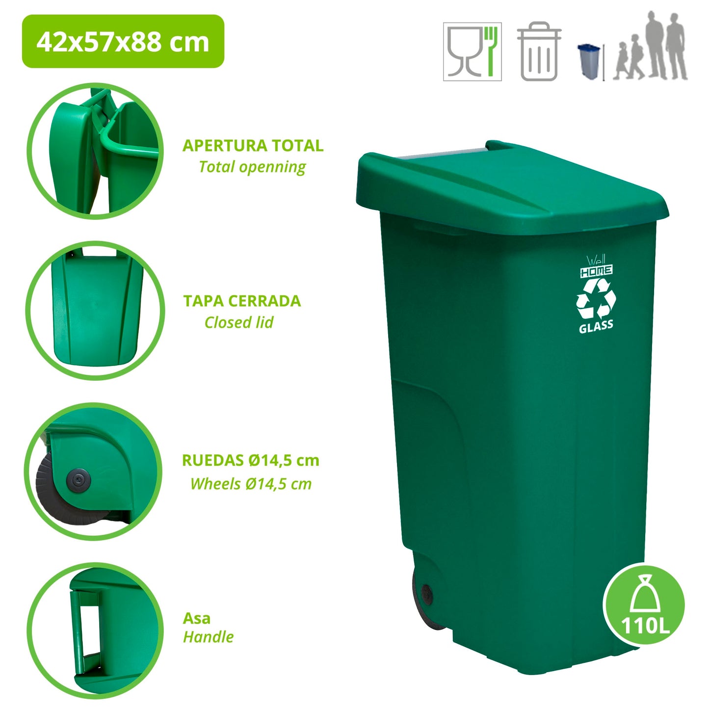 Contenedor - Cubo de Basura WellHome Reciclo 110L con Tapa y Ruedas, Ideal para Reciclaje de Papel y Cartón