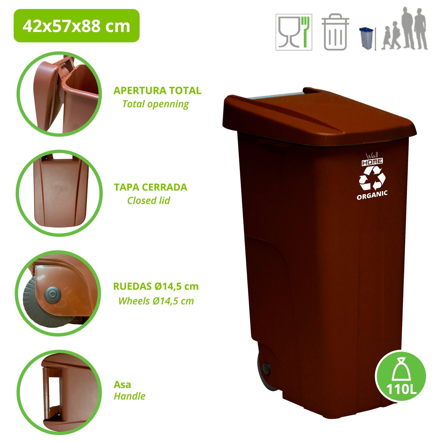 Contenedor - Cubo de Basura WellHome Reciclo 110L con Tapa y Ruedas, Ideal para Reciclaje de Papel y Cartón