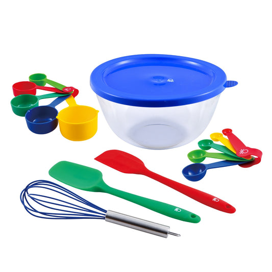 Set de Repostería 14 Piezas Benetton en Borosilicato y Silicona: Bol, Cuchara, Espátula, Batidor, Tazas y Cucharas Medidoras